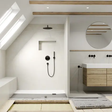 Modernes Dachbad mit bodengleicher Dusche Bodengleiche Dusche im Altbau