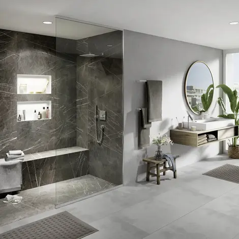 Modernes Badezimmer mit bodengleicher Dusche wedi Top Line marble Badezimmer