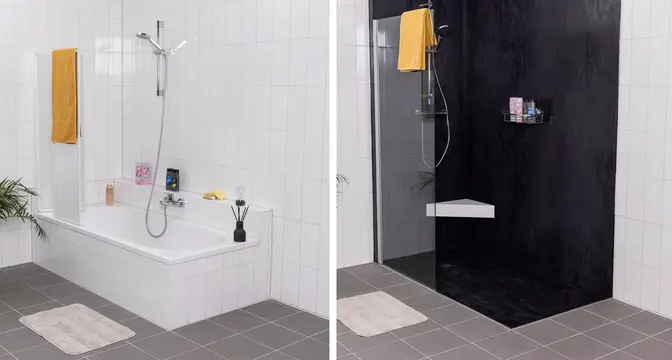 Vorher-Nachher: Wanne zur modernen Dusche Badezimmer mit Badewanne (l.) und Dusche (r.) komplett verfließt