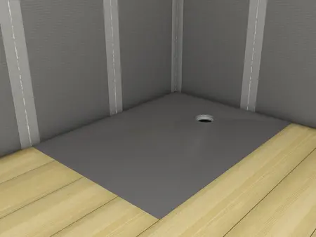 Fundo Ligno Plus mit Punktentwässerung bodengleiche Dusche eingearbeitet in einem Holzuntergrund