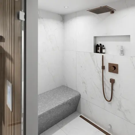 Douche moderne aspect marbre avec banc