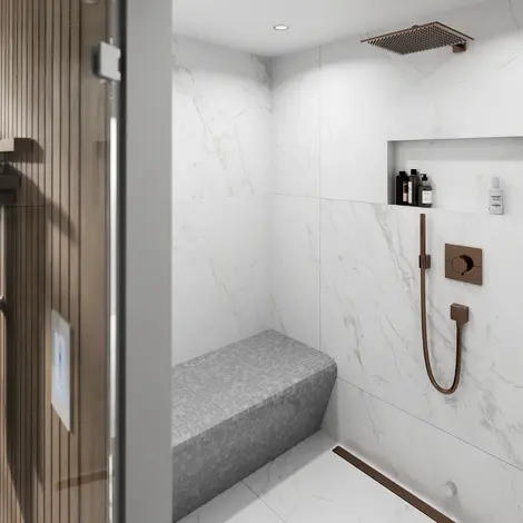 Modern marble-look shower with bench