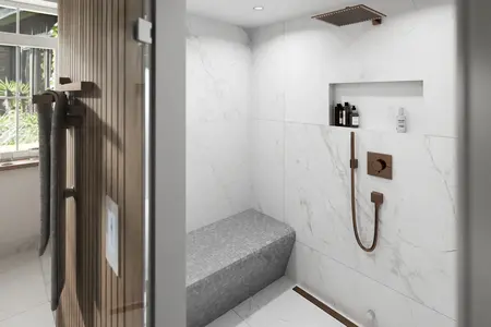 Modern marble-look shower with bench