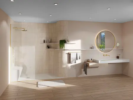 Badezimmer mit Waschtisch und bodenebene Dusche
