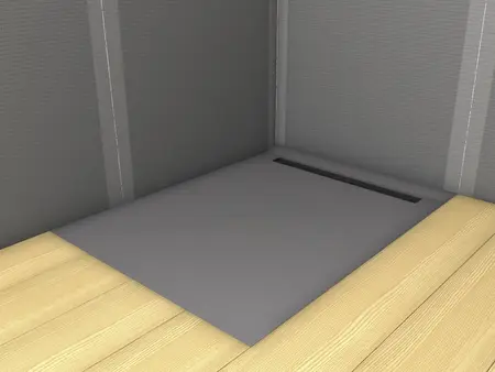 Fundo Rioligno mit Linienentwässerung bodengleiche Dusche eingearbeitet in einem Holzuntergrund