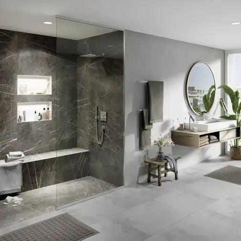 Modern bathroom with floor-level shower